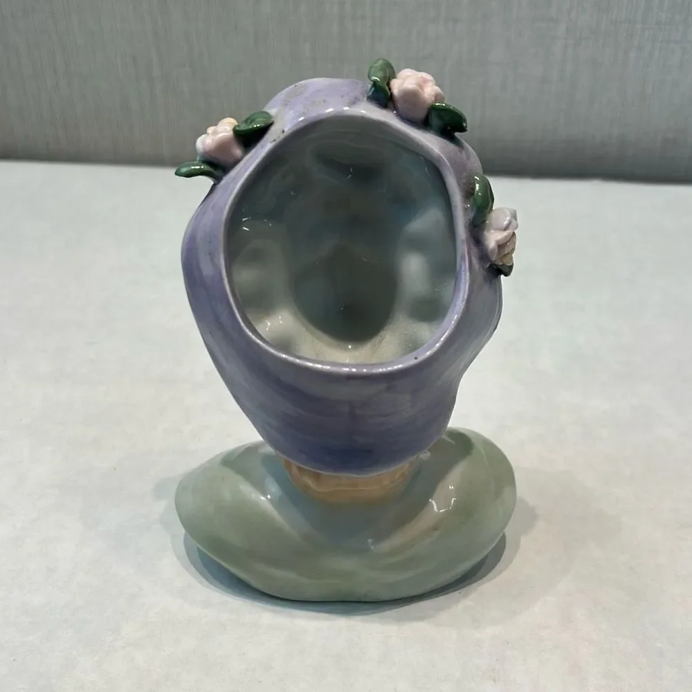 Vtg Lady Head Bust Vase Brush Holder Lilac Purple Hat Flowers